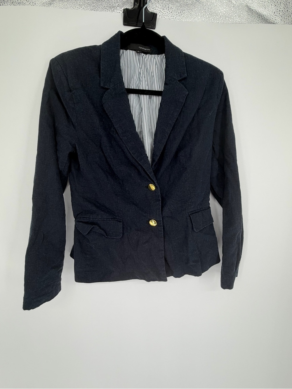 Harve Benard Size 6 linen blend Classic Women's Navy Blazer with Gold Buttons